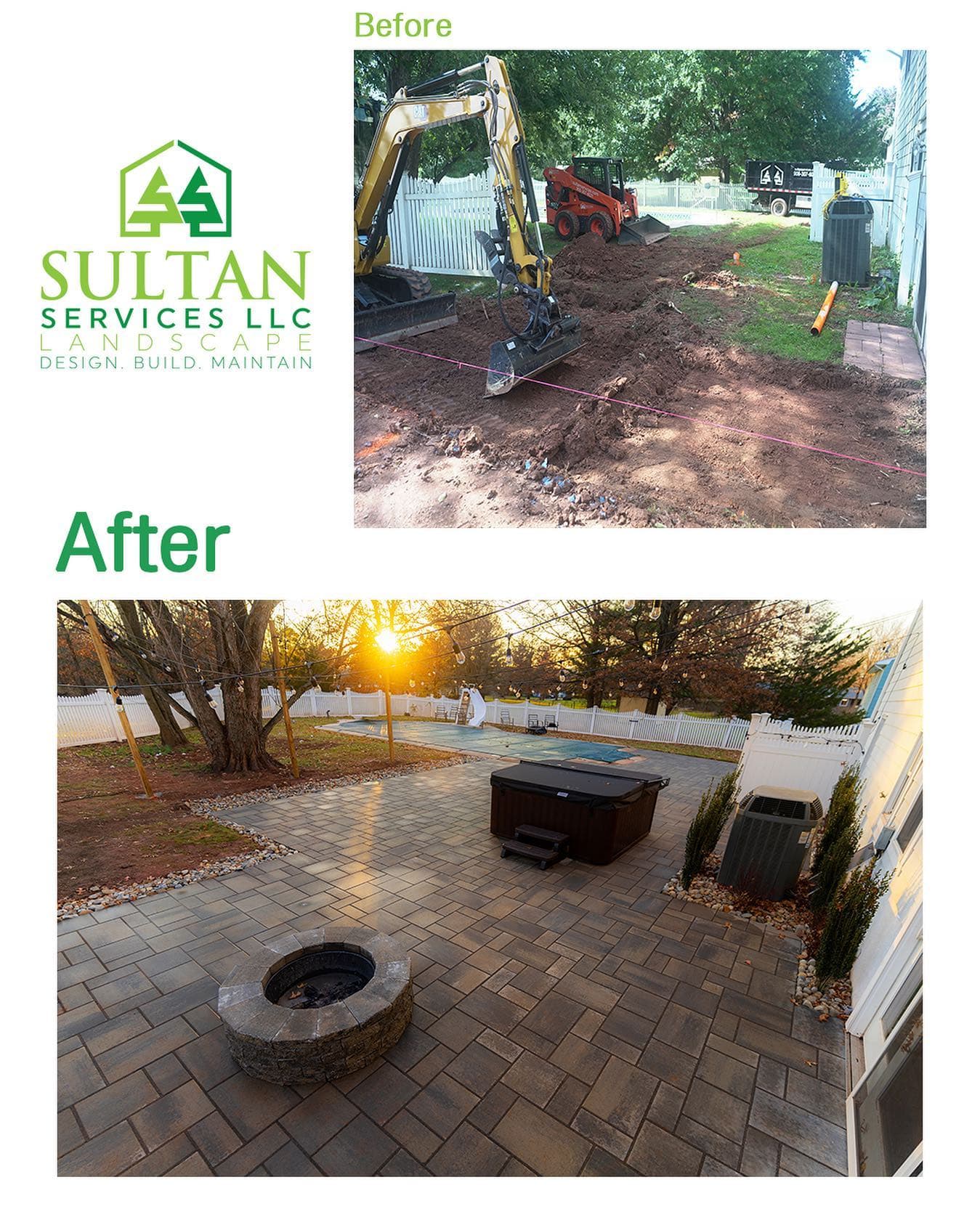 Before and after backyard patio transformation with fire pit and hot tub