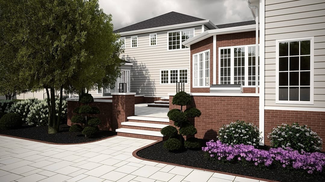 3D landscape design rendering showing walkway, planting, and entry layout