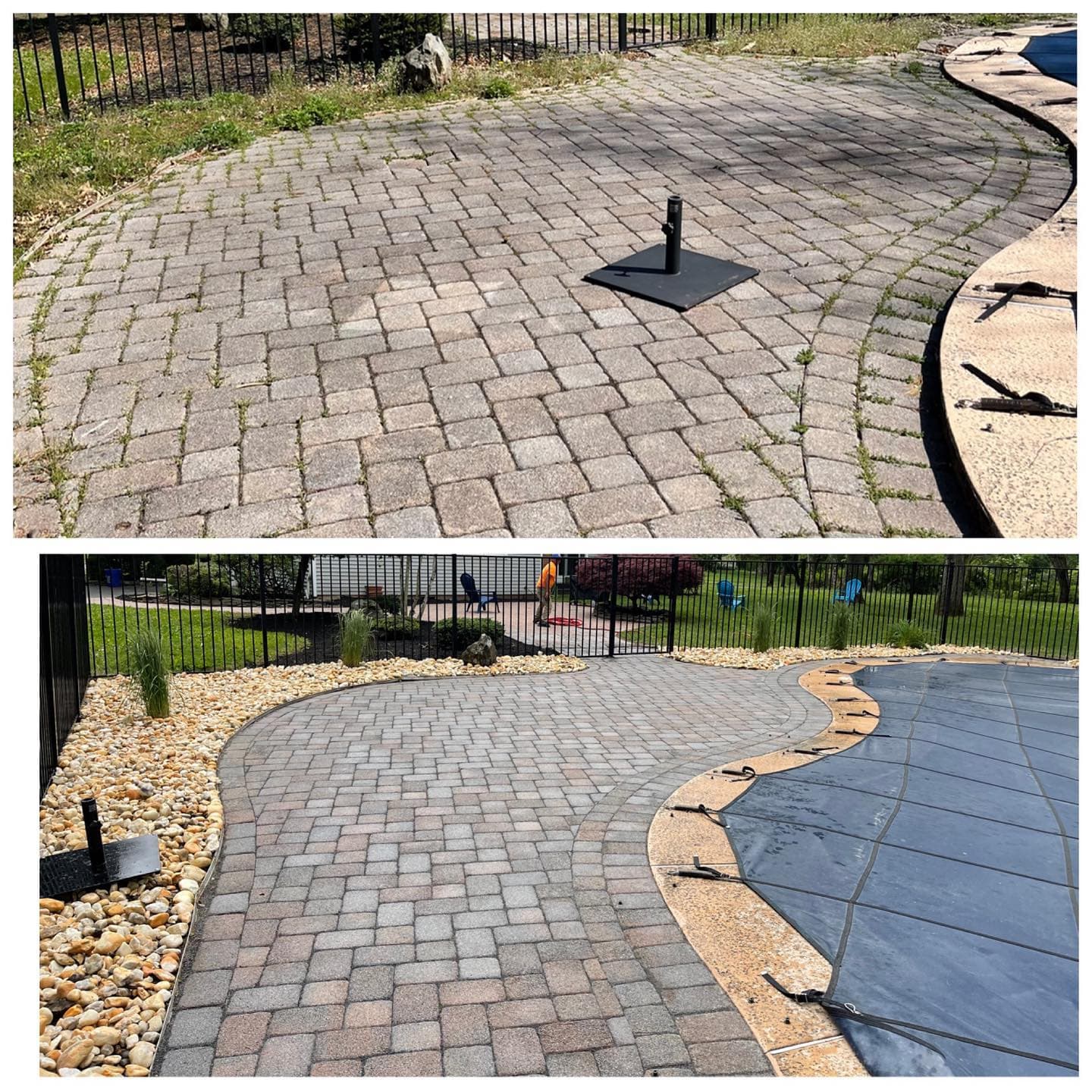 Paver patio before and after repair and restoration