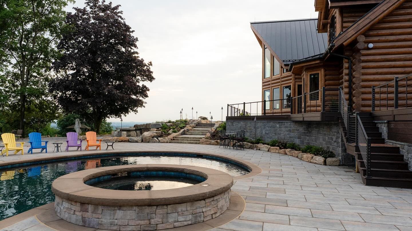 Paver pool deck and hot tub surround