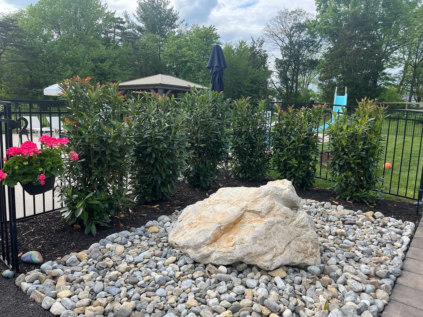 Privacy screening planting with rock bed accent