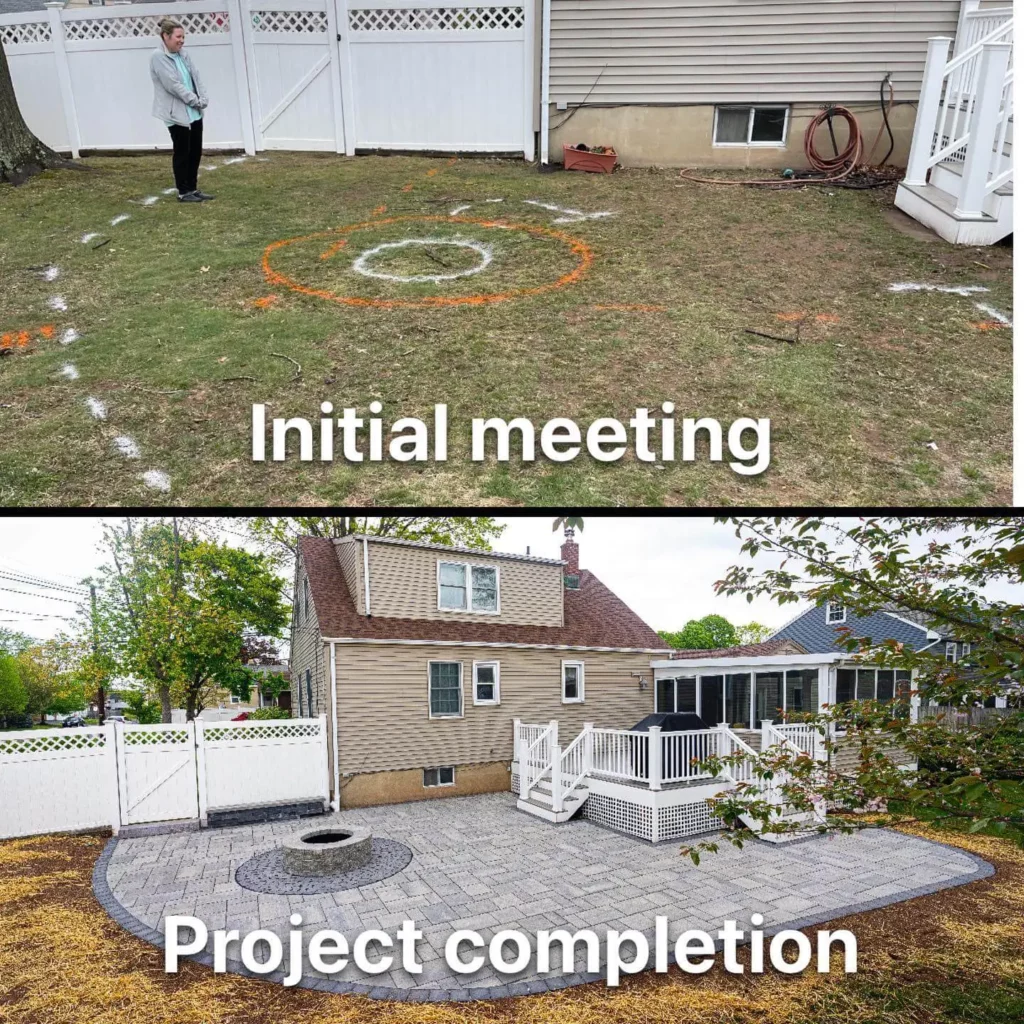 Before an after of our initial meeting and project completion of this patio installation